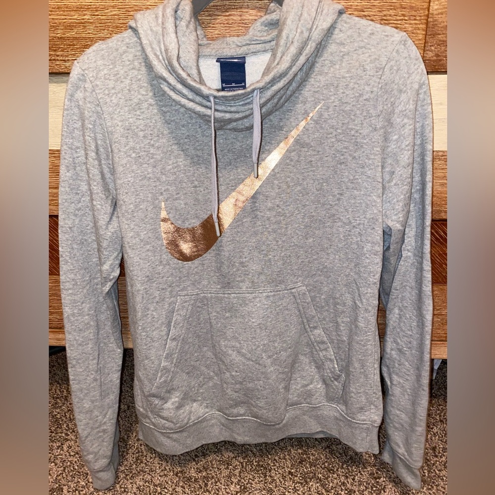 Light Gray Nike Hoodie with Cowl Neck and Rose Gold Check